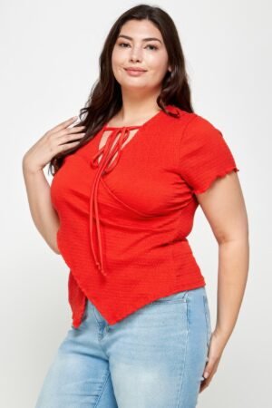 Plus Size Textured Wrap Top With Tie Neck Plus Size Textured Wrap Top With Tie Neck