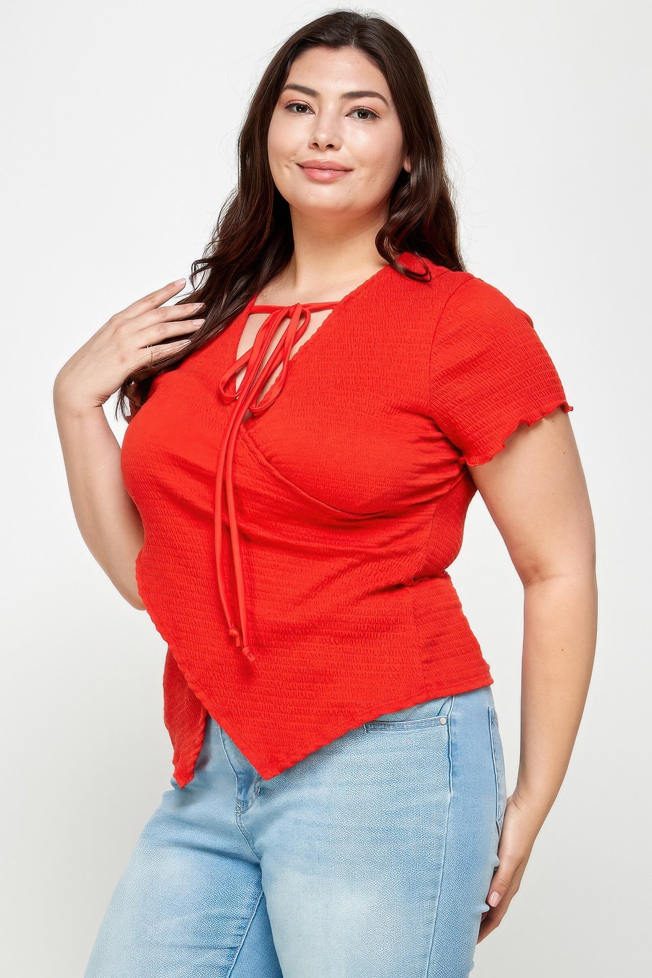 Plus Size Textured Wrap Top With Tie Neck Plus Size Textured Wrap Top With Tie Neck - Image 8