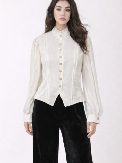 Elegant Satin-finish Victorian Button-up Top