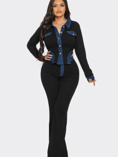 Denim Contrast Pants Set
