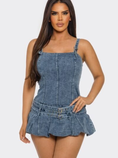 Belted Denim Mini Romper Dress