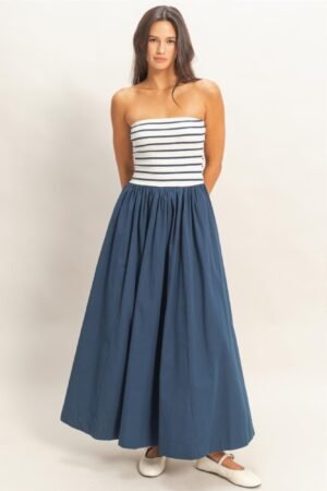 Striped Strapless Flowy Midi Dress Striped Strapless Flowy Midi Dress