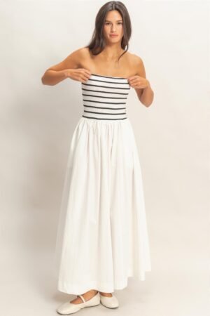 Striped Strapless Flowy Midi Dress Striped Strapless Flowy Midi Dress