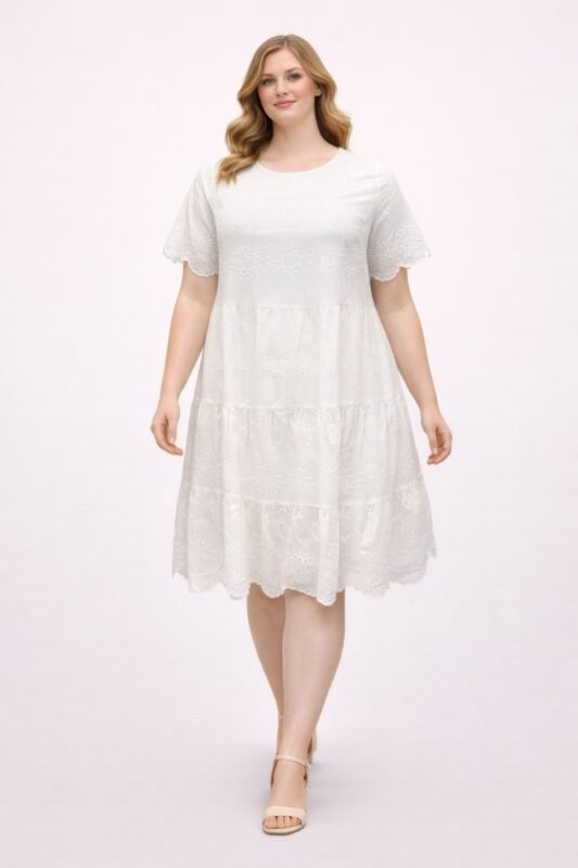 Plus Size White Eyelet Tiered Dress