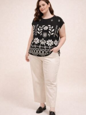 Plus Size Folk Floral Border Print Button-shoulder Top