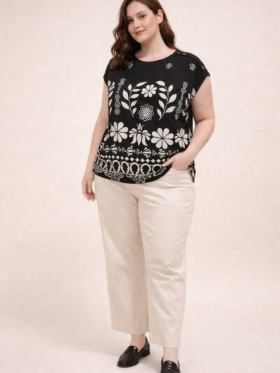 Plus Size Folk Floral Border Print Button-shoulder Top