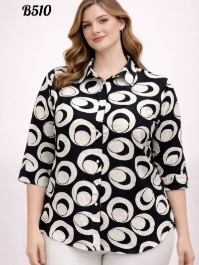 Geo Circle Print 3/4 Sleeve Button-up Shirt