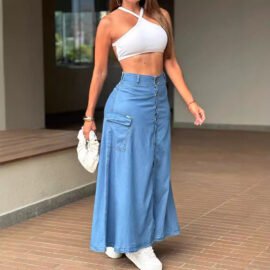 High-Waisted Maxi Denim Skirt | Front Slit Large Pocket Denim Skirt
