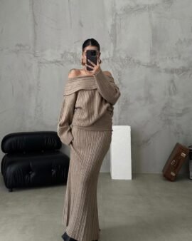 Off Shoulder Knit Set: Elegant Ribbed Sweater Maxi Skirt Suit