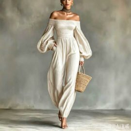 Style Off-Shoulder Lantern Sleeve Pleated Loose Jumpsuit for Women
