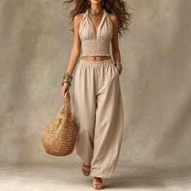 Linen Two Piece Set - Halter V-neck Crop Top and Loose Pants