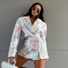 European and American fashion loose suit skirt two-piece set long sleeved lapel top printed high waisted short skirt