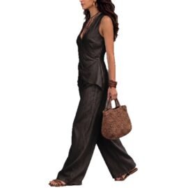 Sleeveless V Neck Wide Leg Trouser Set