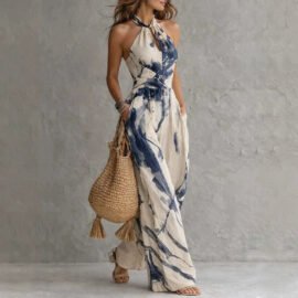 New halter backless jumpsuit, blue and white tie-dye wide-leg pants, summer beach women's wear