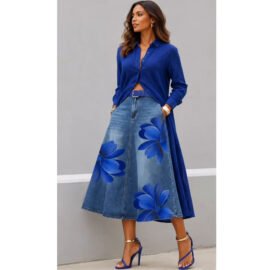 Style Floral Print Washed Denim High Waist Midi Skirt