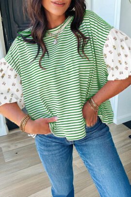 Red Stripe Floral Puff Sleeve Patchwork Round Neck Loose Top Red Stripe Floral Puff Sleeve Patchwork Round Neck Loose Top - Image 4