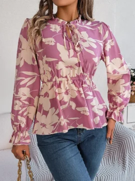 Floral Print Mock Neck Peplum Blouse - Image 4