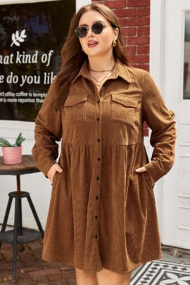 Camel Corduroy Full Buttoned Collared Shirt Style Plus Size Dress - Image 7