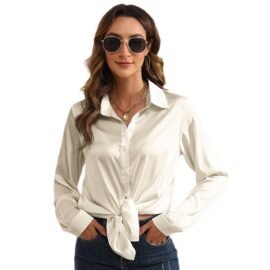 Women's Solid Color Satin Satin Long Sleeve Blouse - Image 5
