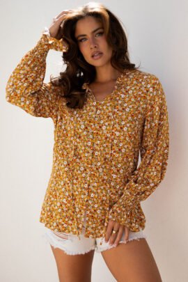 Orange Boho Floral Ruffled Bubble Sleeve V Neck Fall Blouse - Image 7