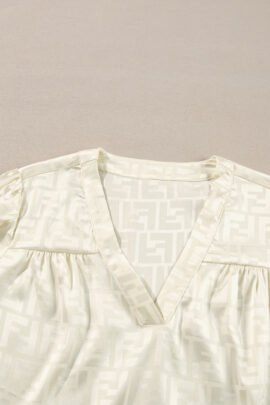 Oatmeal Geometric Jacquard V Neck Bishop Sleeve Blouse Oatmeal Geometric Jacquard V Neck Bishop Sleeve Blouse - Image 7