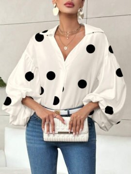 Polka Dot Half-Open Neck Loose Bubble Sleeve Long Sleeve Top Polka Dot Half-Open Neck Loose Bubble Sleeve Long Sleeve Top - Image 12