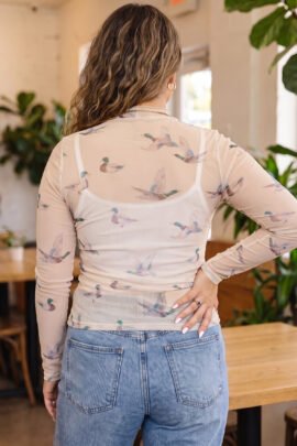 Beige Mesh Duck Print Tunic Long Sleeve Plus Size Blouse Beige Mesh Duck Print Tunic Long Sleeve Plus Size Blouse - Image 2