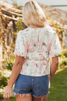 Pink Floral Puff Sleeve V Neck Tied Front Peplum Blouse - Image 2