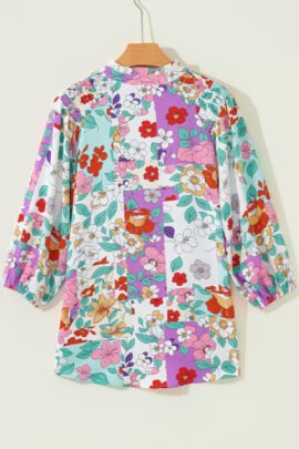 Pink Floral Print Patchwork Frilly Neckline Long Sleeve Shirt Pink Floral Print Patchwork Frilly Neckline Long Sleeve Shirt - Image 5
