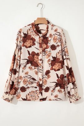 Brown Floral Print Button Down Poet Sleeve Shirt - Image 5