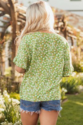 Green Floral Print Ruffle Sleeve V Neck Blouse Top Green Floral Print Ruffle Sleeve V Neck Blouse Top - Image 2