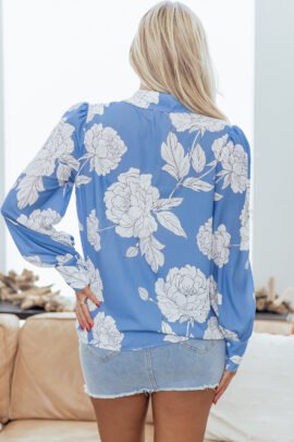 Sky Blue Floral Print Button Up Pleated Detail Puff Sleeve Shirt - Image 2