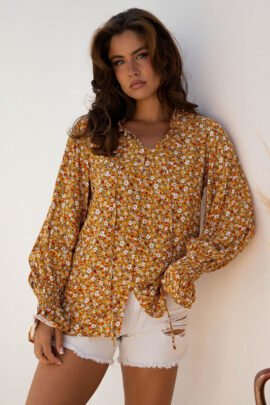 Orange Boho Floral Ruffled Bubble Sleeve V Neck Fall Blouse - Image 4