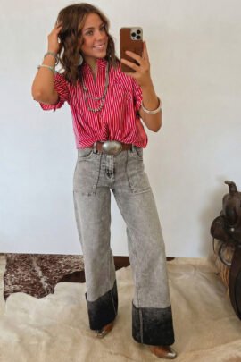 Blue Stripe Ruffled Short Puff Sleeve Button Front Blouse - Image 6