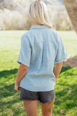 Sky Blue Stripe Cuffed Short Sleeve Button up Loose Shirt Sky Blue Stripe Cuffed Short Sleeve Button up Loose Shirt - Image 2