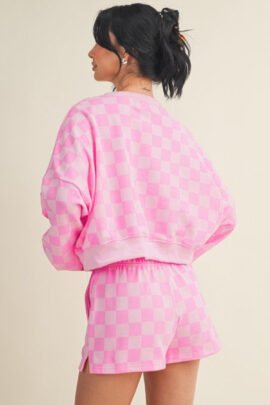 Dark Blue Plaid Checkered Long Sleeve Crop Top Elastic Waist Shorts Two Piece Set Dark Blue Plaid Checkered Long Sleeve Crop Top Elastic Waist Shorts Two Piece Set - Image 5