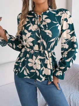 Floral Print Mock Neck Peplum Blouse - Image 7