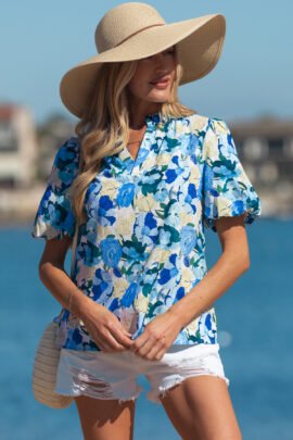 Sky Blue Floral Print Short Puff Sleeve V Neck Blouse Sky Blue Floral Print Short Puff Sleeve V Neck Blouse - Image 6