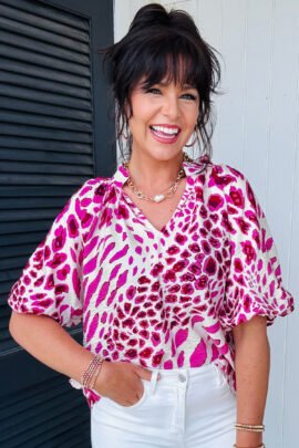 Rose Leopard Print V Neck Puffy Half Sleeve Blouse - Image 4