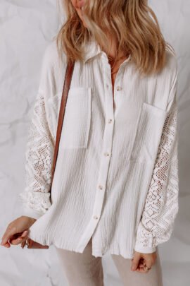 White Cotton Gauze Lace Patchwork Long Sleeve Shirt - Image 6