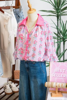 Purple Floral Collared Ruffled Half Sleeve Shirt Purple Floral Collared Ruffled Half Sleeve Shirt - Image 7