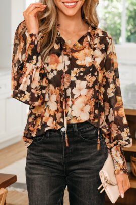 Black Floral V Neck Long Puff Sleeve Breezy Blouse - Image 6