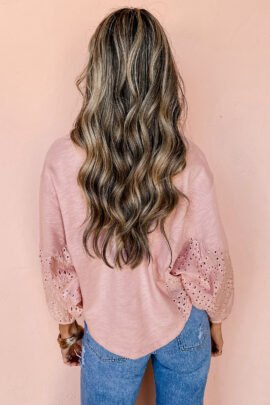 Light Pink Keyhole Notch V Neck Batwing Sleeve Blouse Light Pink Keyhole Notch V Neck Batwing Sleeve Blouse - Image 2