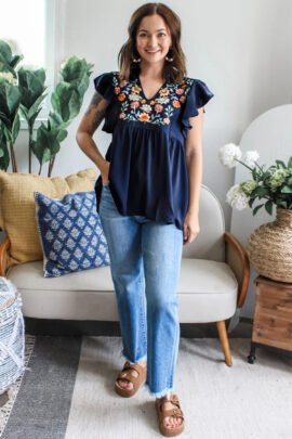 Dirty Blue V Neck Ruffled Sleeve Floral Embroidered Detail Babydoll Blouse Dirty Blue V Neck Ruffled Sleeve Floral Embroidered Detail Babydoll Blouse - Image 3
