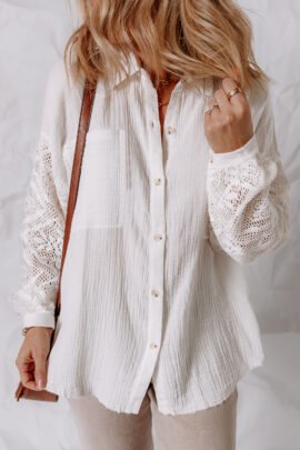 White Cotton Gauze Lace Patchwork Long Sleeve Shirt - Image 7