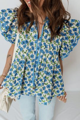 Sky Blue Tiered Flutter Sleeve Pleated Flower Blouse Sky Blue Tiered Flutter Sleeve Pleated Flower Blouse - Image 5