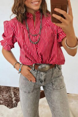 Blue Stripe Ruffled Short Puff Sleeve Button Front Blouse - Image 4