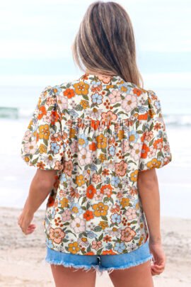 Multicolour Crochet V Neckline Puff Sleeve Boho Flower Blouse Multicolour Crochet V Neckline Puff Sleeve Boho Flower Blouse - Image 2
