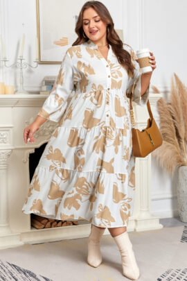 Khaki Patterned Ruffled Sleeve Half Placket Tiered A-line Plus Size Long Dress Khaki Patterned Ruffled Sleeve Half Placket Tiered A-line Plus Size Long Dress - Image 3