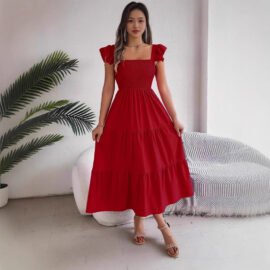 Bubble Sleeve Multi-layer Tiered Midi Dress